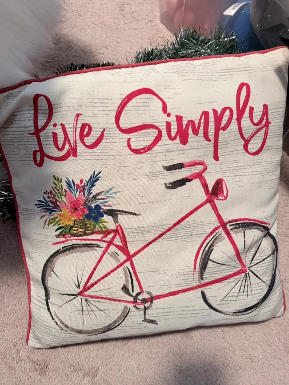 Live Simply Bicycle Decorative Pillow - Pink Bike with Floral Basket